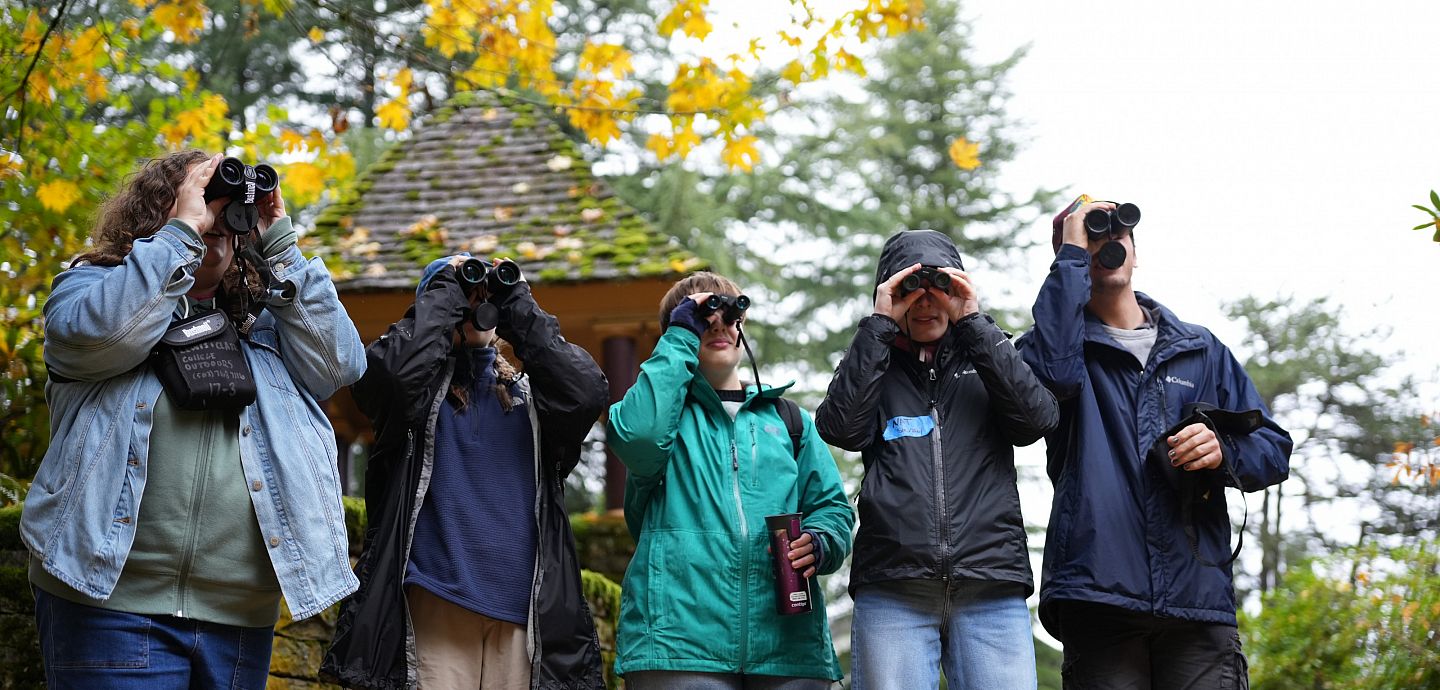 A line of students using binoculars.