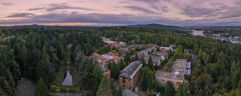 Aerial view of campus at sunset. Taken by Office of Communications student worker Suhail Akram BA ’24.