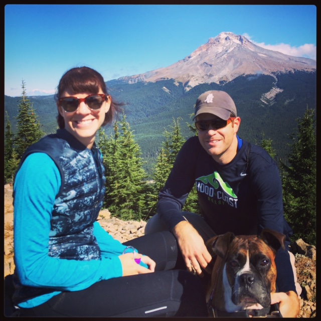 Andrea and her husband Ryan with their Boxer Daisy on top of Tom Dick and Harry Mountain--a two-mile-long volcanic mountain in Clackamas ...