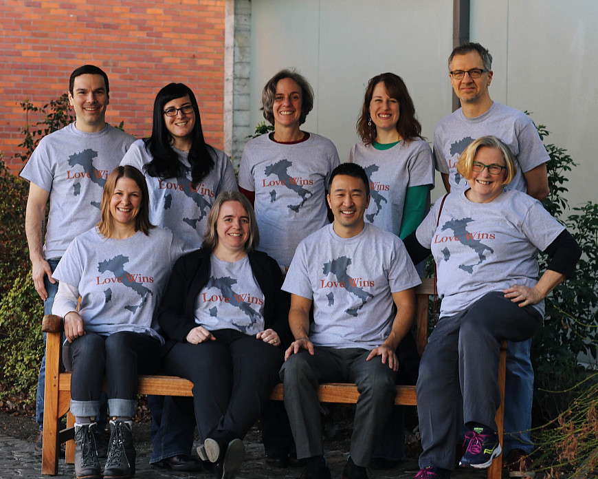 Back row, left to right: Brett Paschal, Susan Nunes, Susan Smith, Kathy FitzGibbon, and Jeff Leonard. Front row, left to right: Jessica S...