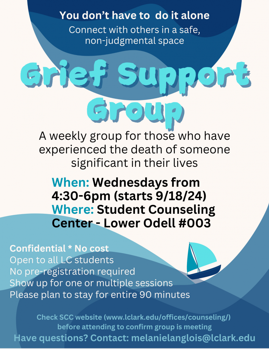 Grief Support Group Flyer with cream background and ship on water image and light blue/dark blue font