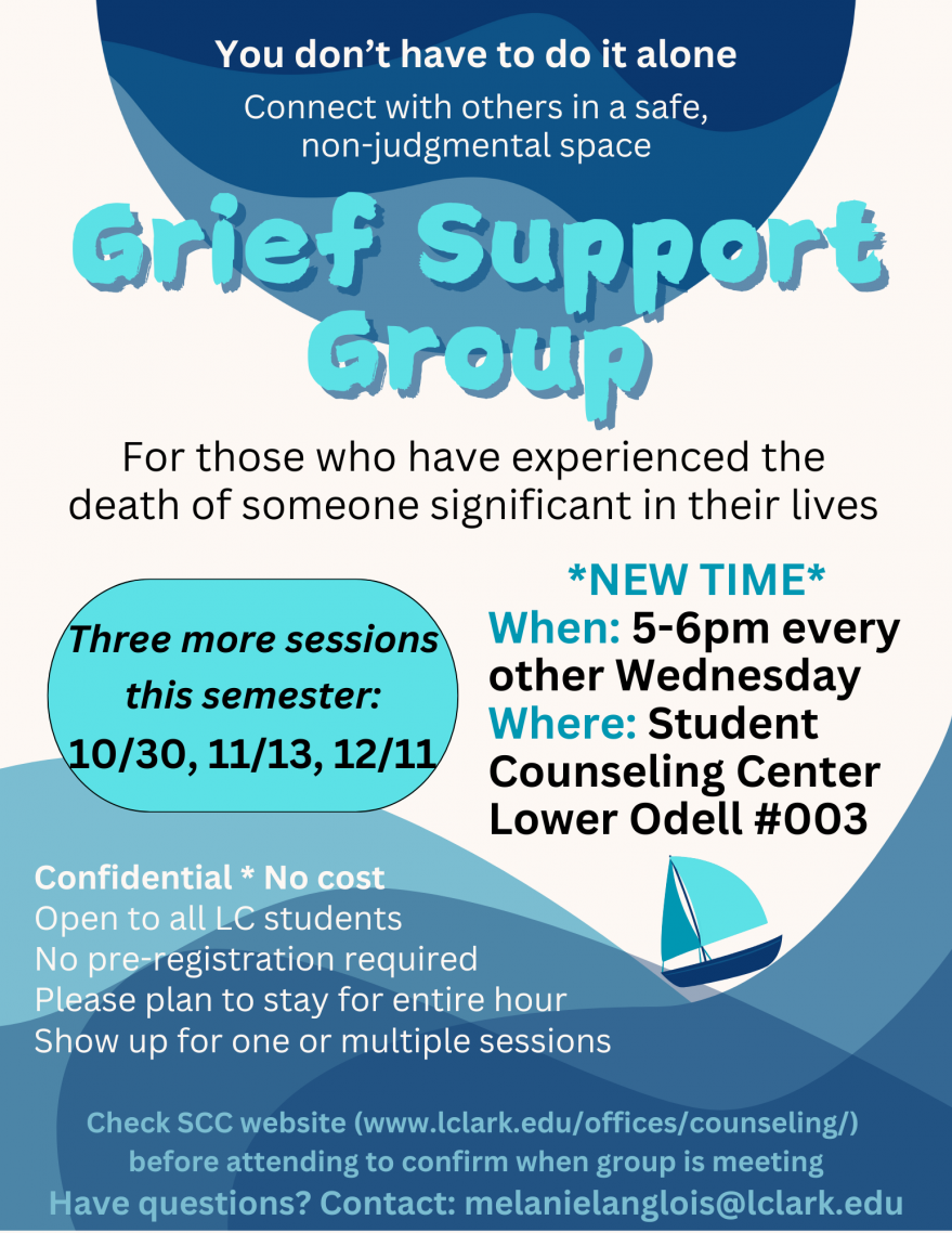 Flyer with cream background and various blue accents for Grief Support Group