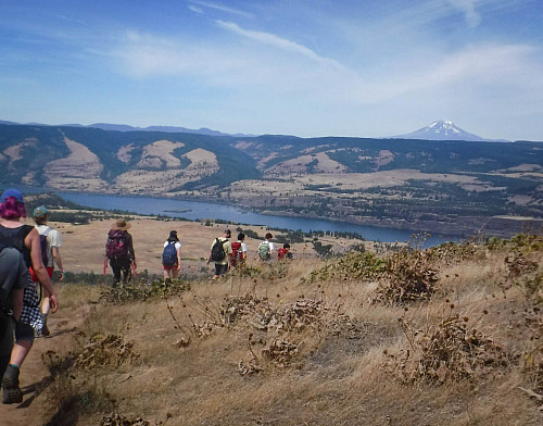 Students hike towards the Columbia river, with mountain views in the distance.