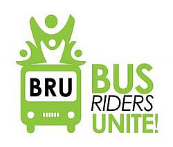 Image shows a green logo of a bus with text that reads, Bus Riders Unite!