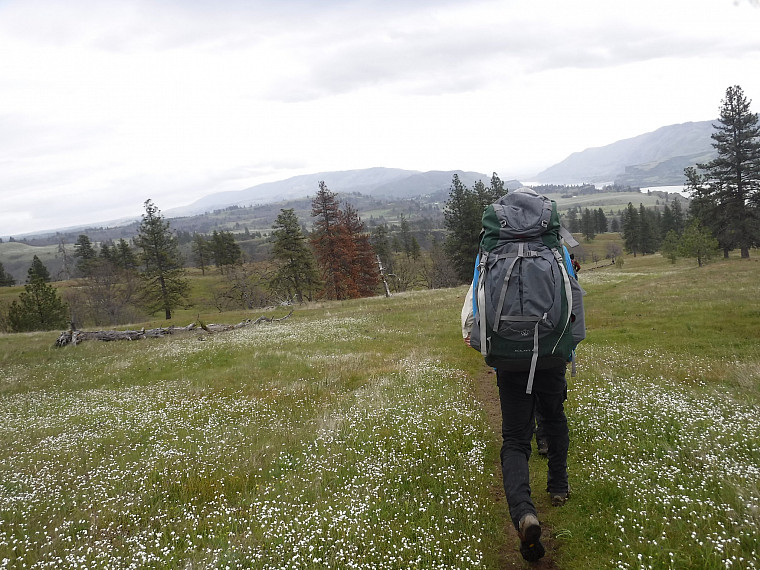 Participant walks away from the camera with backpack on back and Columbia Gorge in the background.