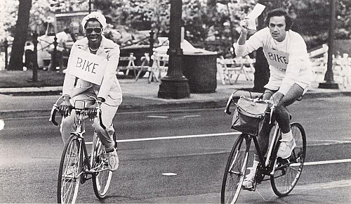 Multnomah County Commissioner Gladys McCoy and Blumenauer in 1979, taking part in a multimodal race in downtown Portland. Biking proved m...