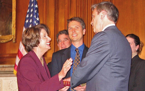 Nancy Pelosi with Blumenauer and his son, Jon, at the swearing-in ceremony for lawmakers of the 110th Congress in 2007. Pelosi had just m...