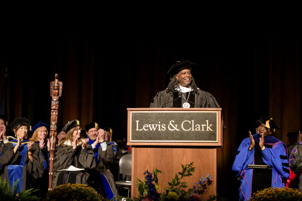 President Holmes-Sullivan giving a speech during her inauguration ceremony.