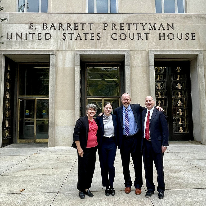 From left to right: Public Justice CEO Sharon McGowan, Public Justice Staff Attorney Haley Nicholson, Earthrise Senior Staff Attorney Kev...