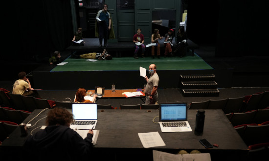 Shakespeare scholar and Native Scholar-Artist in Residence Waylon Lenk BA '08 directs the cast of Henry IV, Part 1.