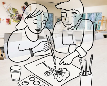An artist's rendering of clients engaged in art therapy.