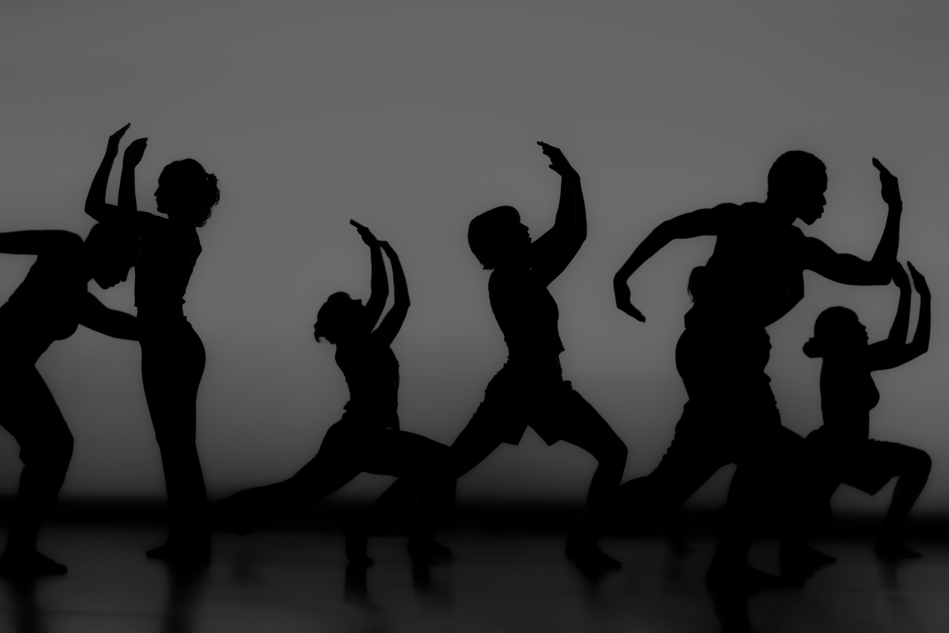 Black outline/shadows of students dancing against a grey background.