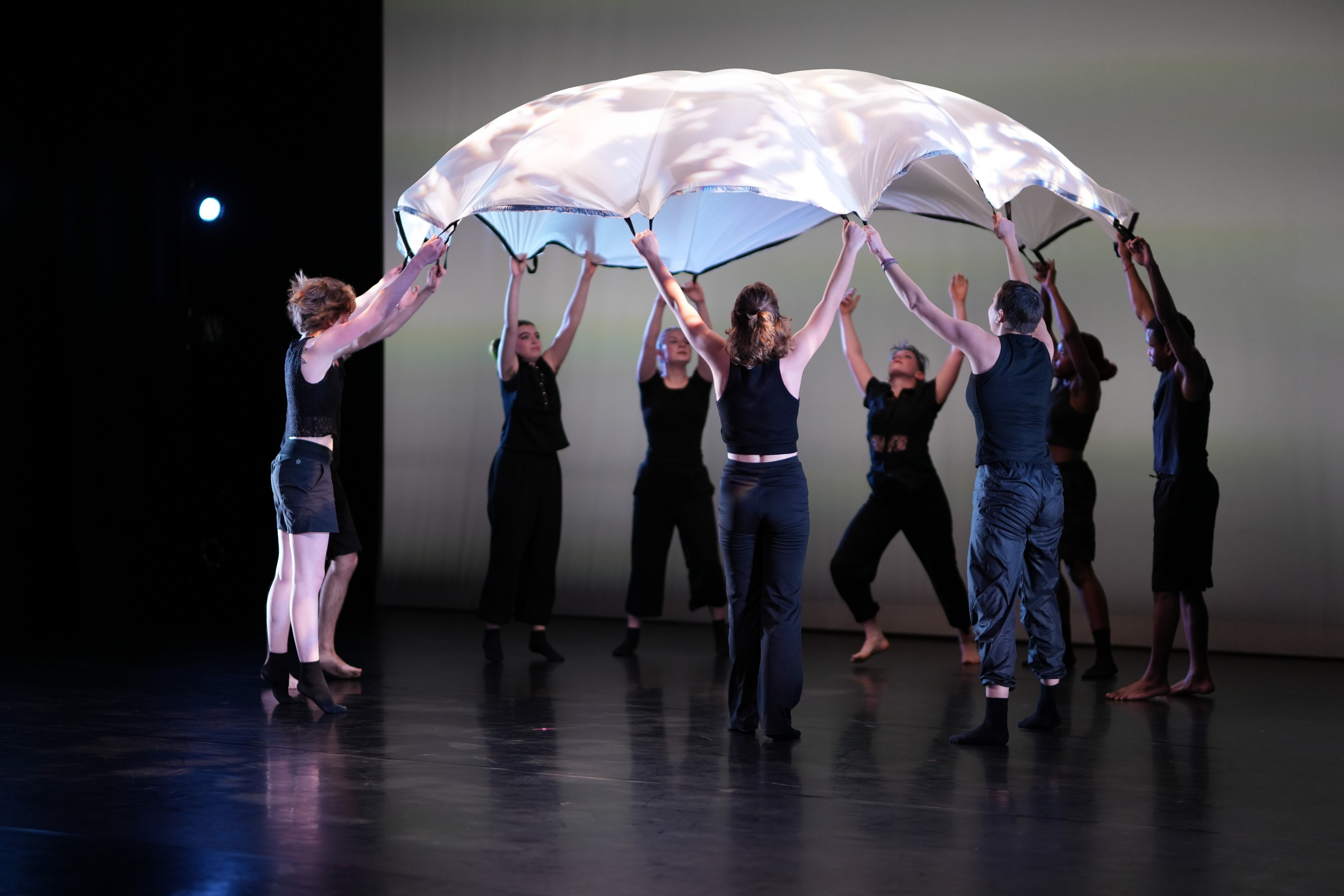 Students standing in a circle, lifting up a white sheet above their heads.