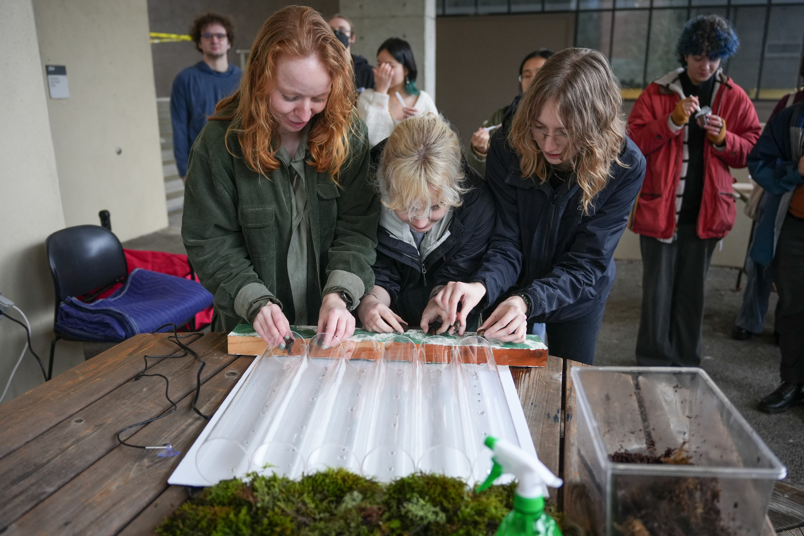 Students placing slugs into racing channels.