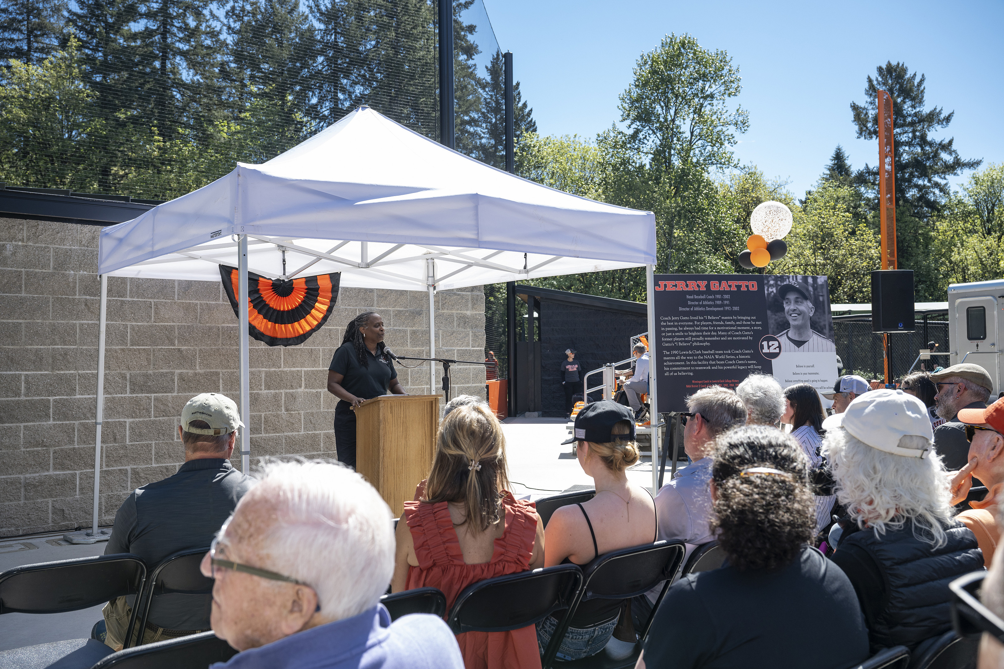 President Robin Holmes-Sullivan speaking during the Huston Sports Complex dedication of Jerry Gatto Field.