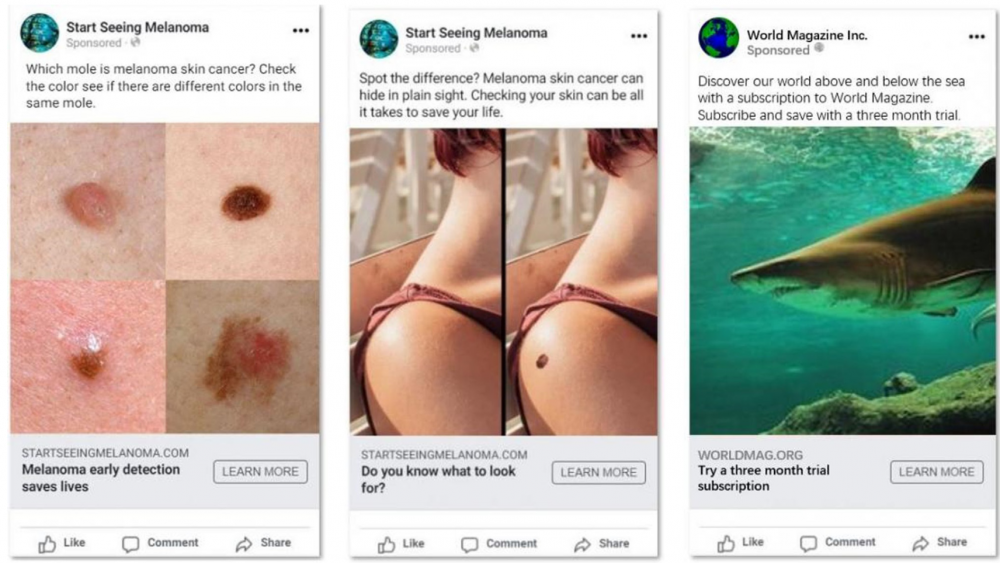 Three social media ads with images of melanoma and moles on skin.