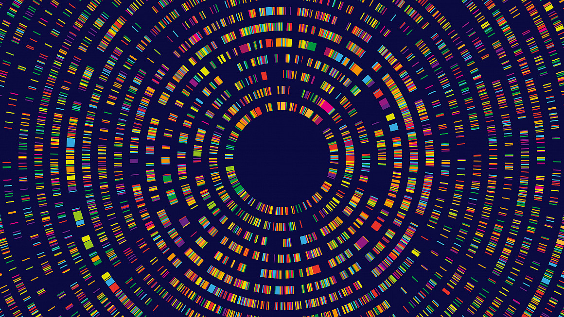 Genome sequence map, radial two-dimensional barcoding and abstract big data structure vector concept background illustration