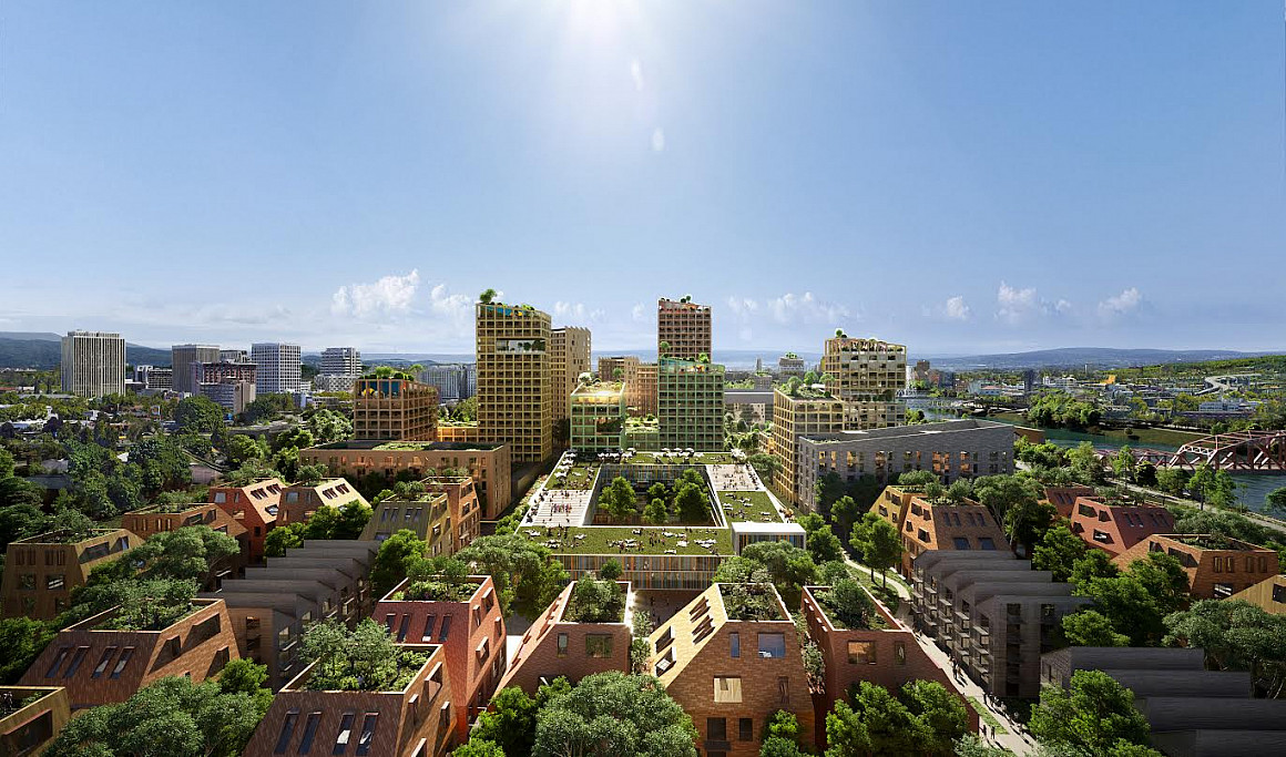 A photographic rendering of a cityscape with lots of buildings and trees.