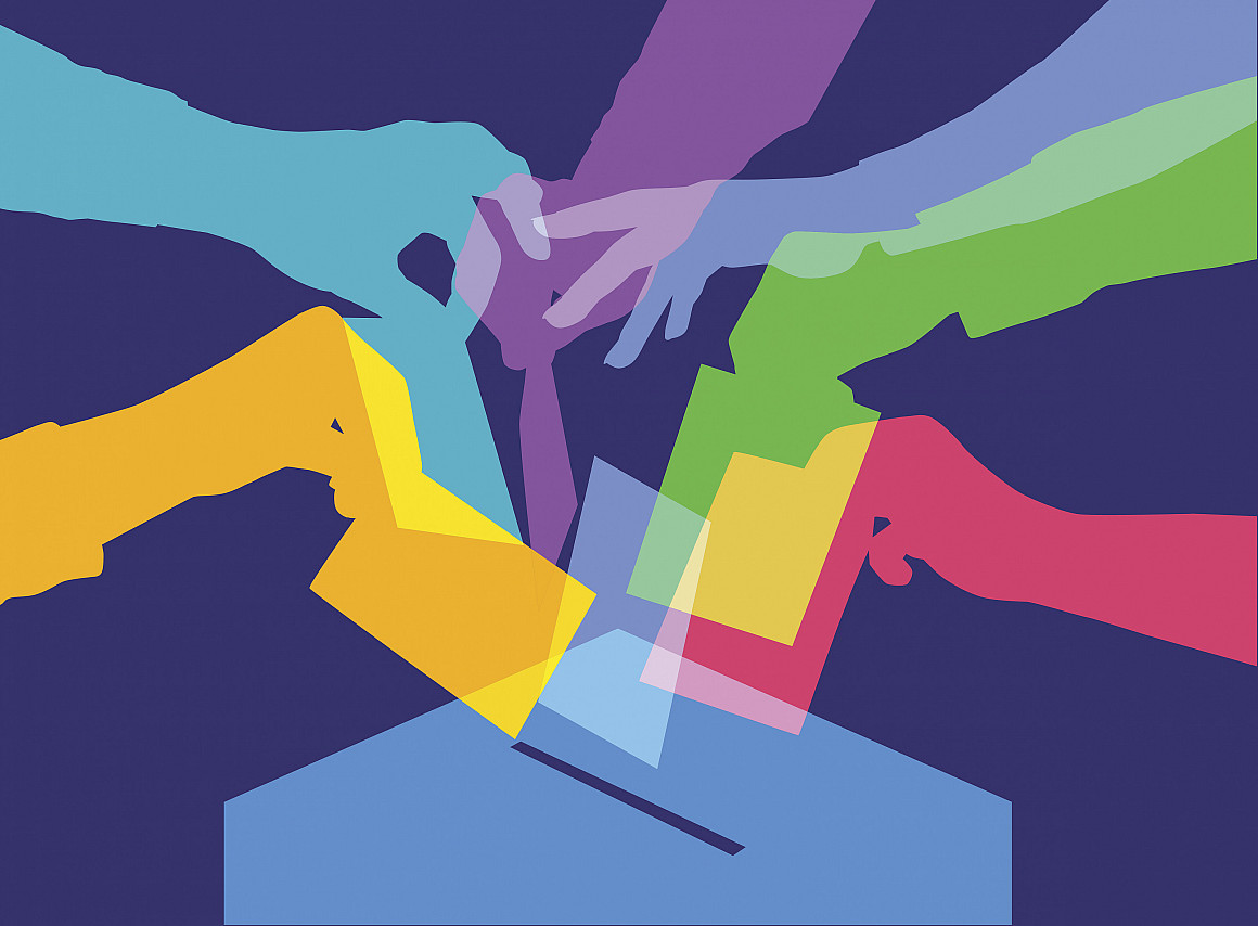 Colourful overlapping silhouettes of people voting.