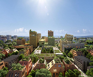 A photographic rendering of a cityscape with lots of buildings and trees.