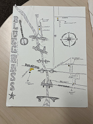A hand-drawn map of the bluegrass music scene in Portland.