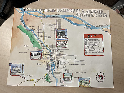 A hand-drawn map of the square dancing music scene in Portland.