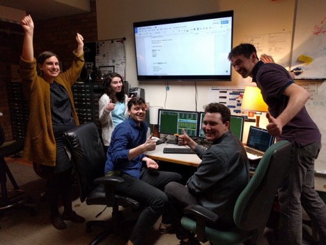 The High Performance Computing (HPC) team running their first job ever run on BLT. Pictured are Jeremy and Parvaneh from the library, Ben...