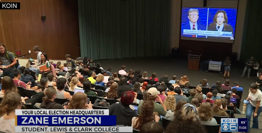 Students watching the Harris v Trump presidential debate in Fowler Student Center.