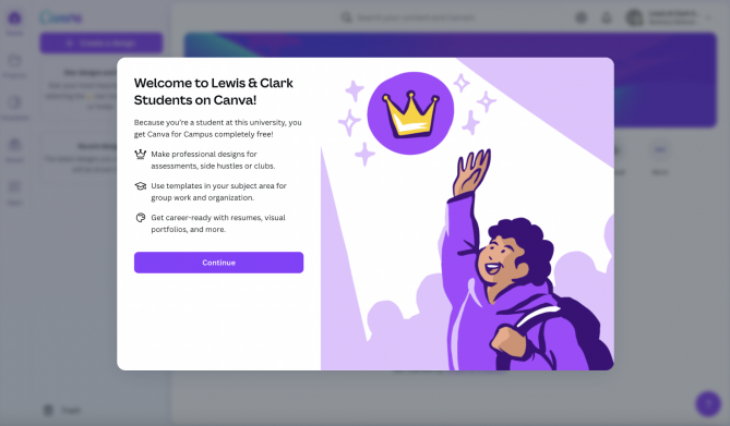 A student in a purple sweater with a welcome to Canva notice