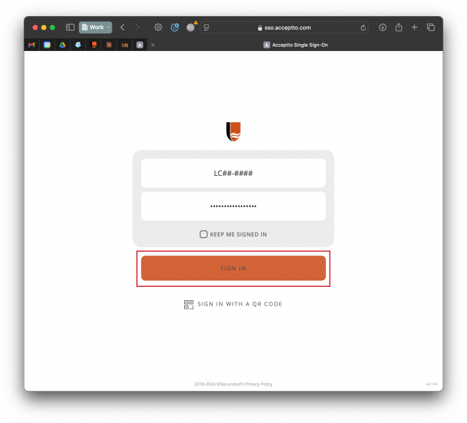 The LC orange and black badge above a log in prompt